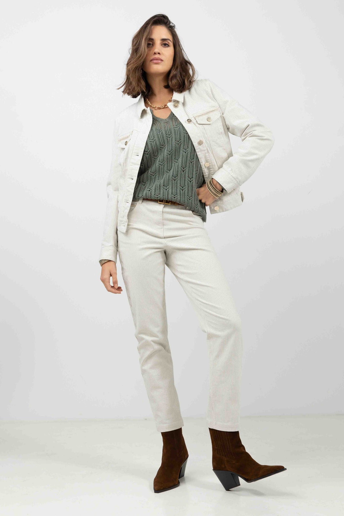 Pantalon écru rayé kaki - 1