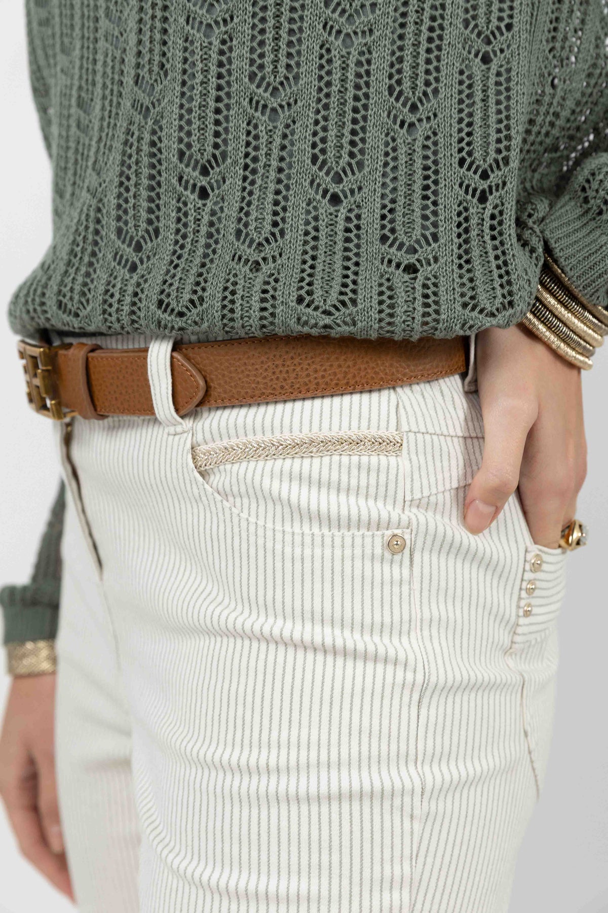 Pantalon écru rayé kaki - 2