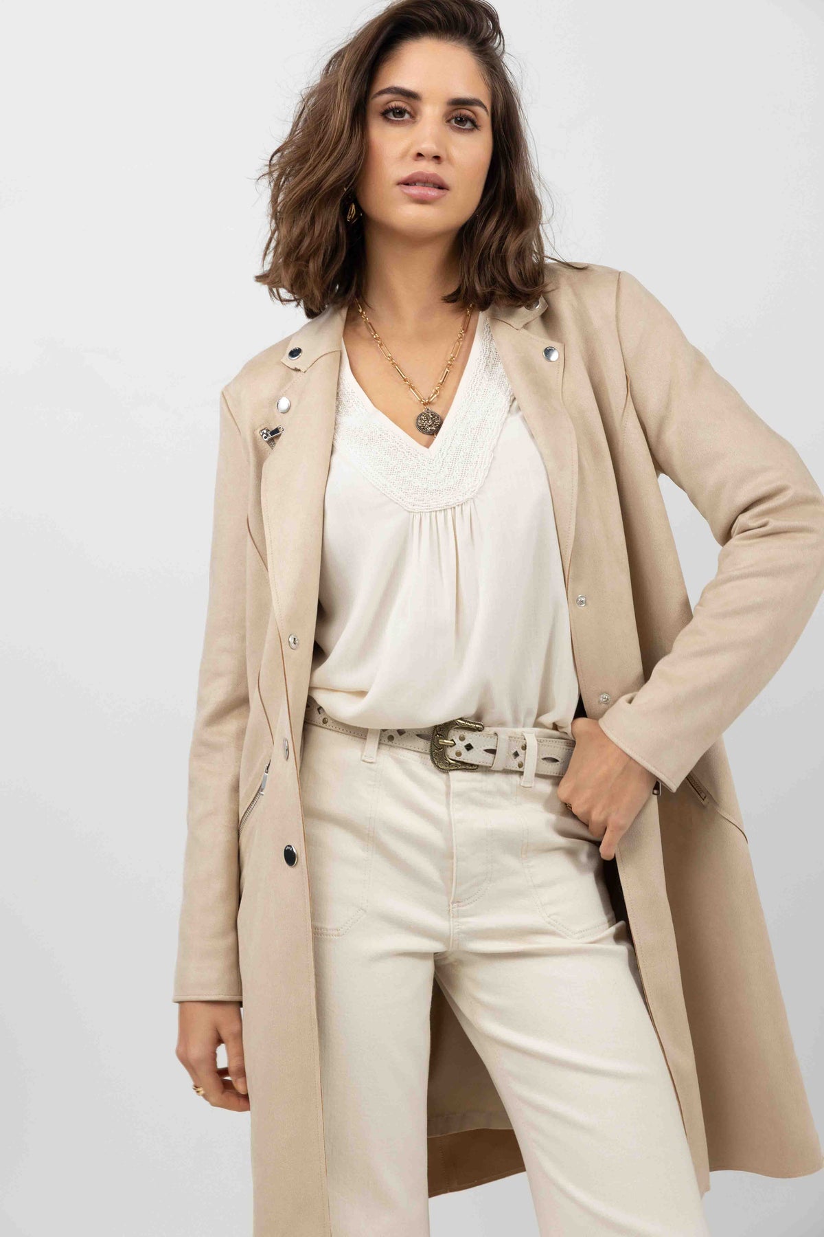 Manteau beige suédé rock chic - 1