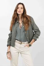 Veste kaki brodée casual chic - 1