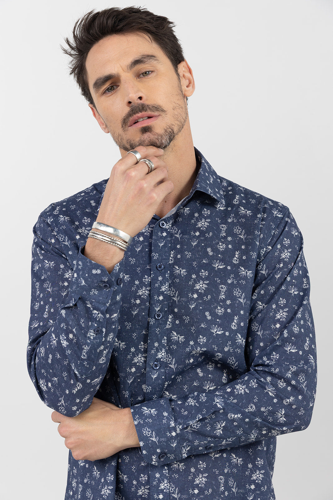 Chemise bleue imprimé fleuri - 1