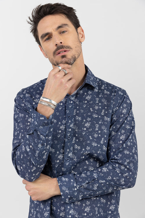 Chemise bleue imprimé fleuri - 1