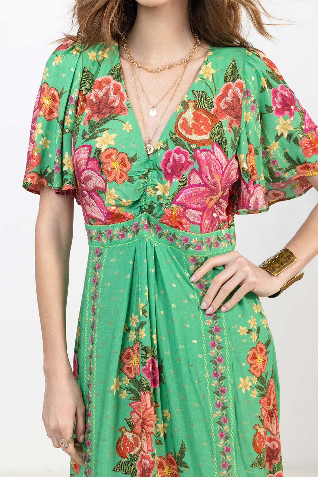 Robe longue imprimée vert rose doré - 2
