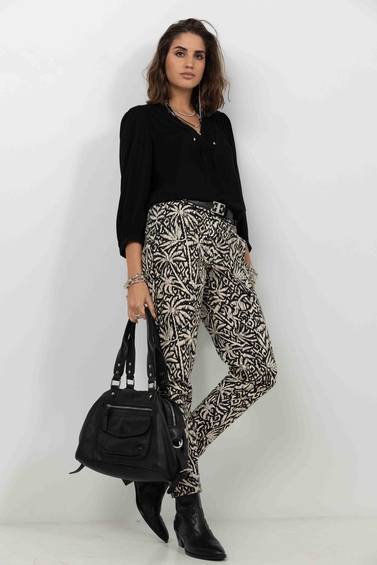 Pantalon imprimé graphique écru noir - 1