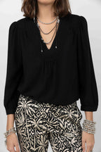 Blouse noire brodée perles chic - 2
