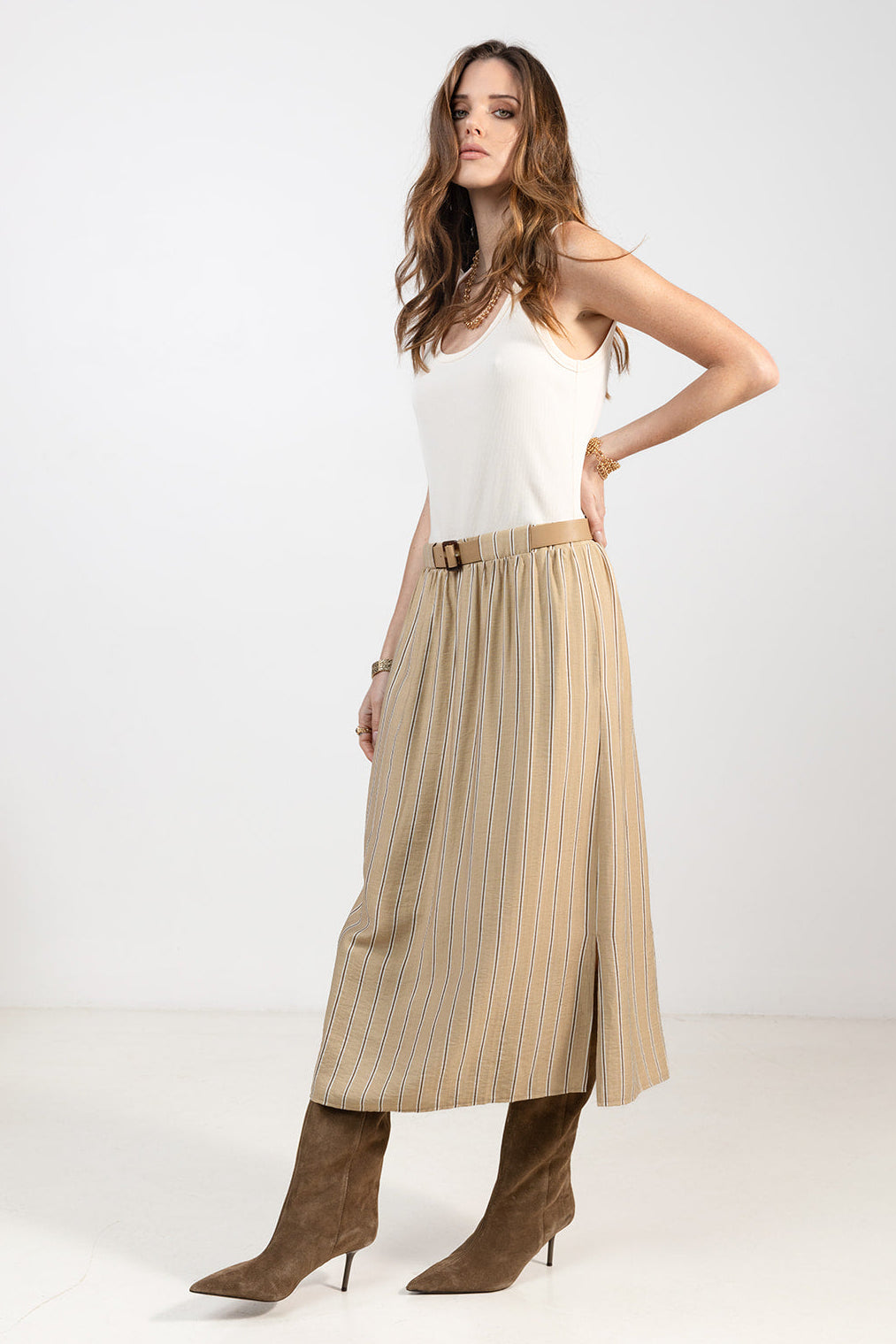 Robe midi rayée beige choco ceinturée - 2