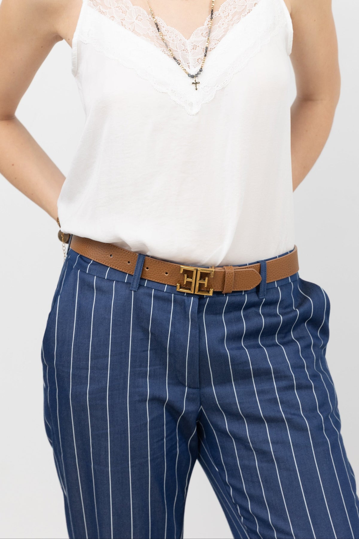 Ceinture camel cuir boucle double E - 1