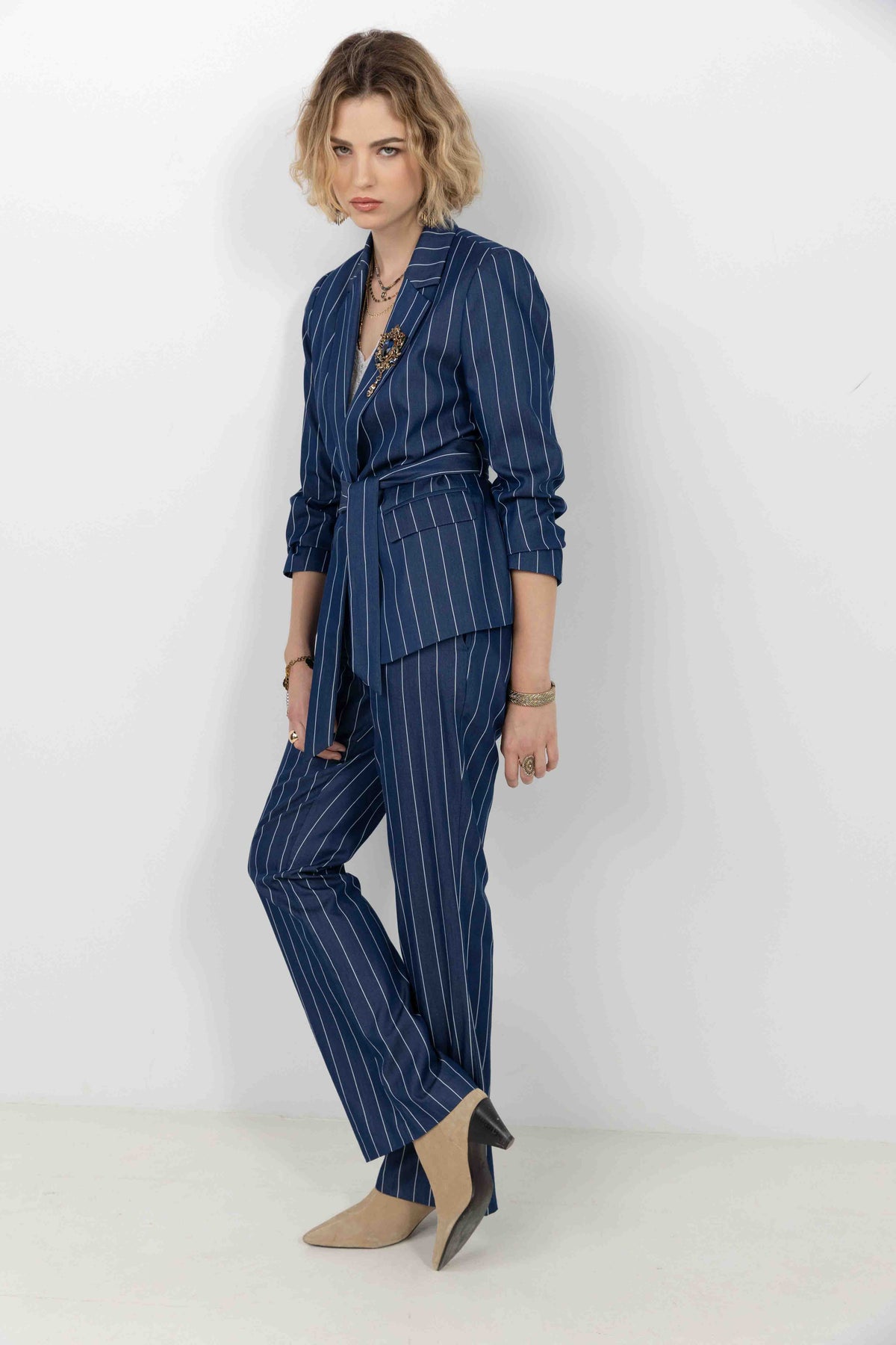 Pantalon bleu foncé rayé fluide - 1
