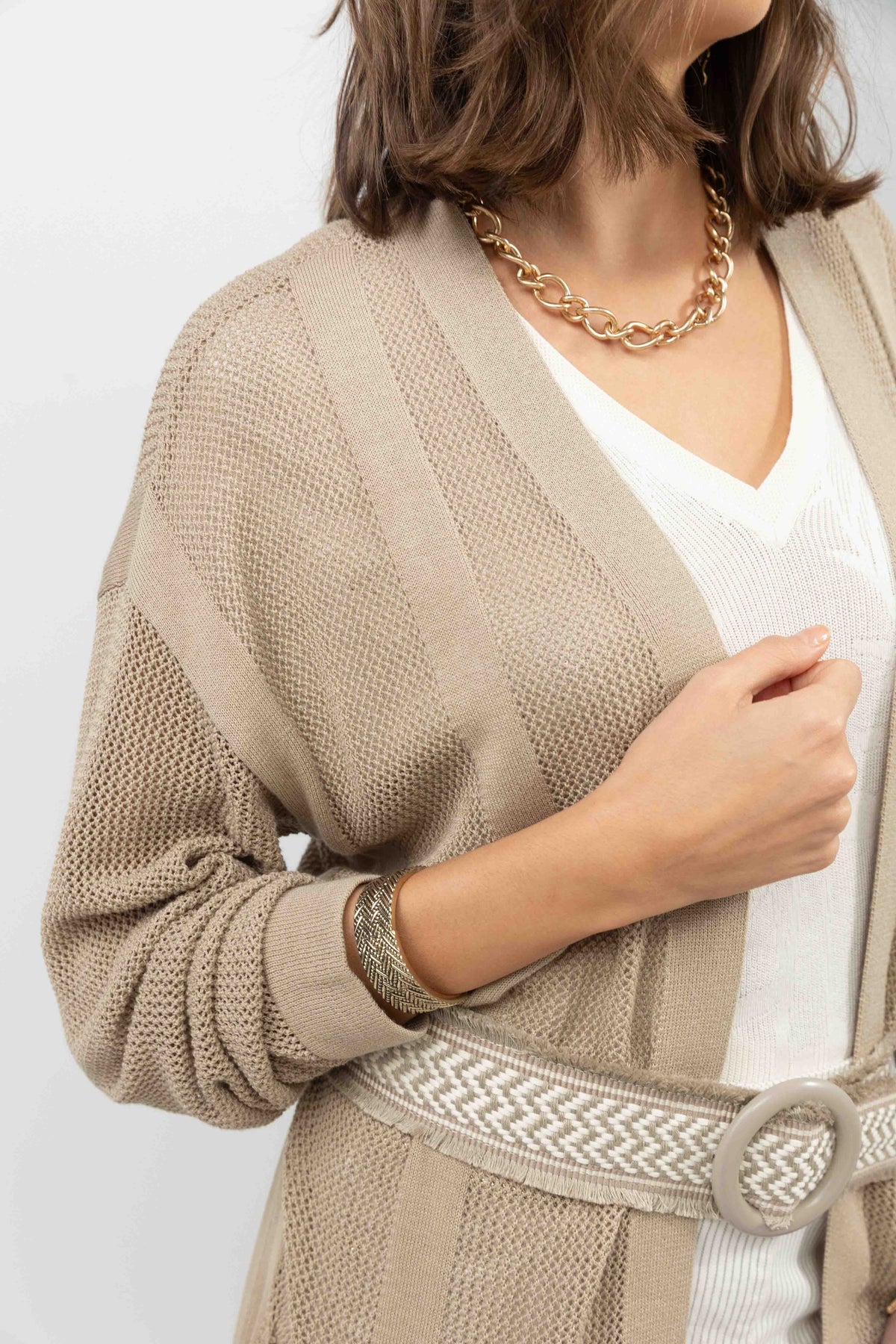Gilet long taupe maille filet gipsy - 2