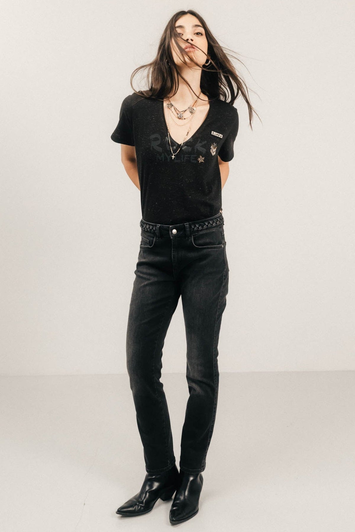 Jean noir slim taille mi-haute - 1