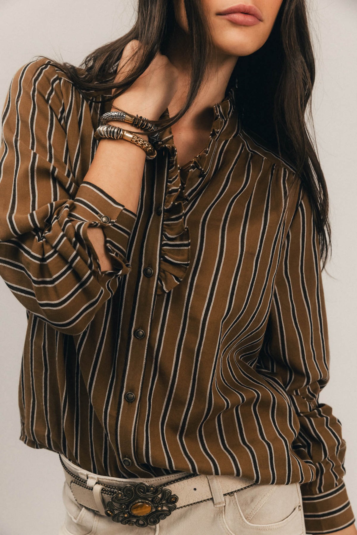 Blouse rayée caramel volantée - 2