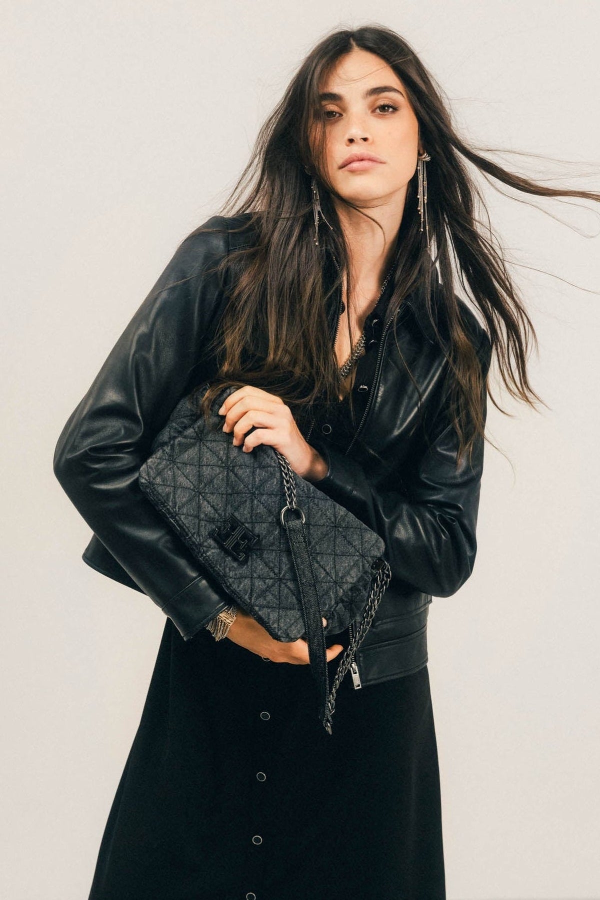 Sac denim noir matelassé rock - 1