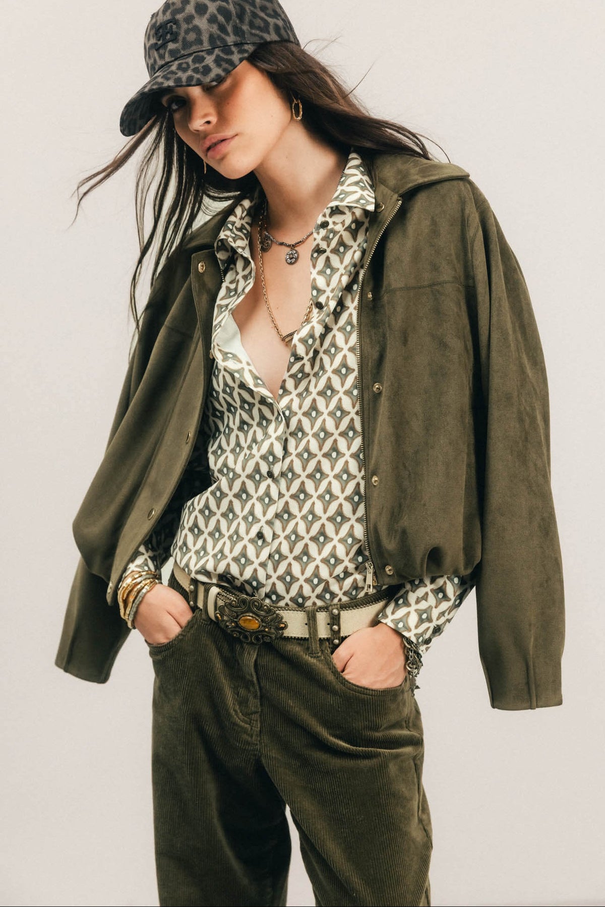 Blouson olive suédé oversized - 1