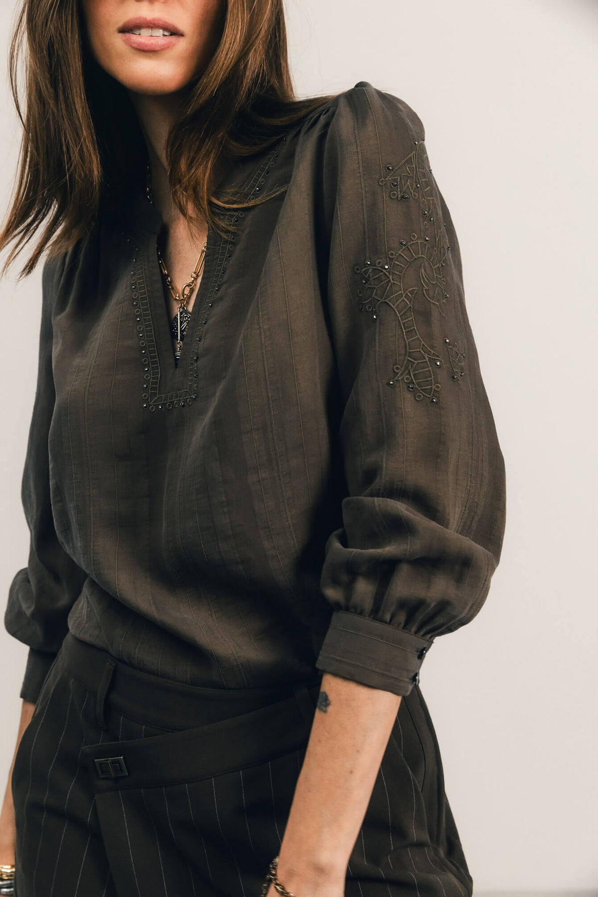 Blouse bronze jacquard brodée perlée - 2