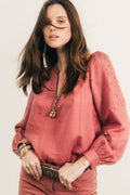 Blouse rose indien jacquard brodée - 1