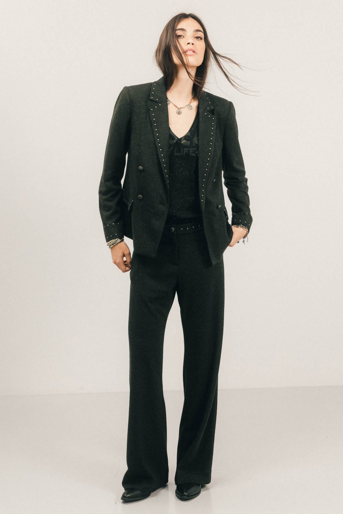 Pantalon maille fluide kaki et noir - 1