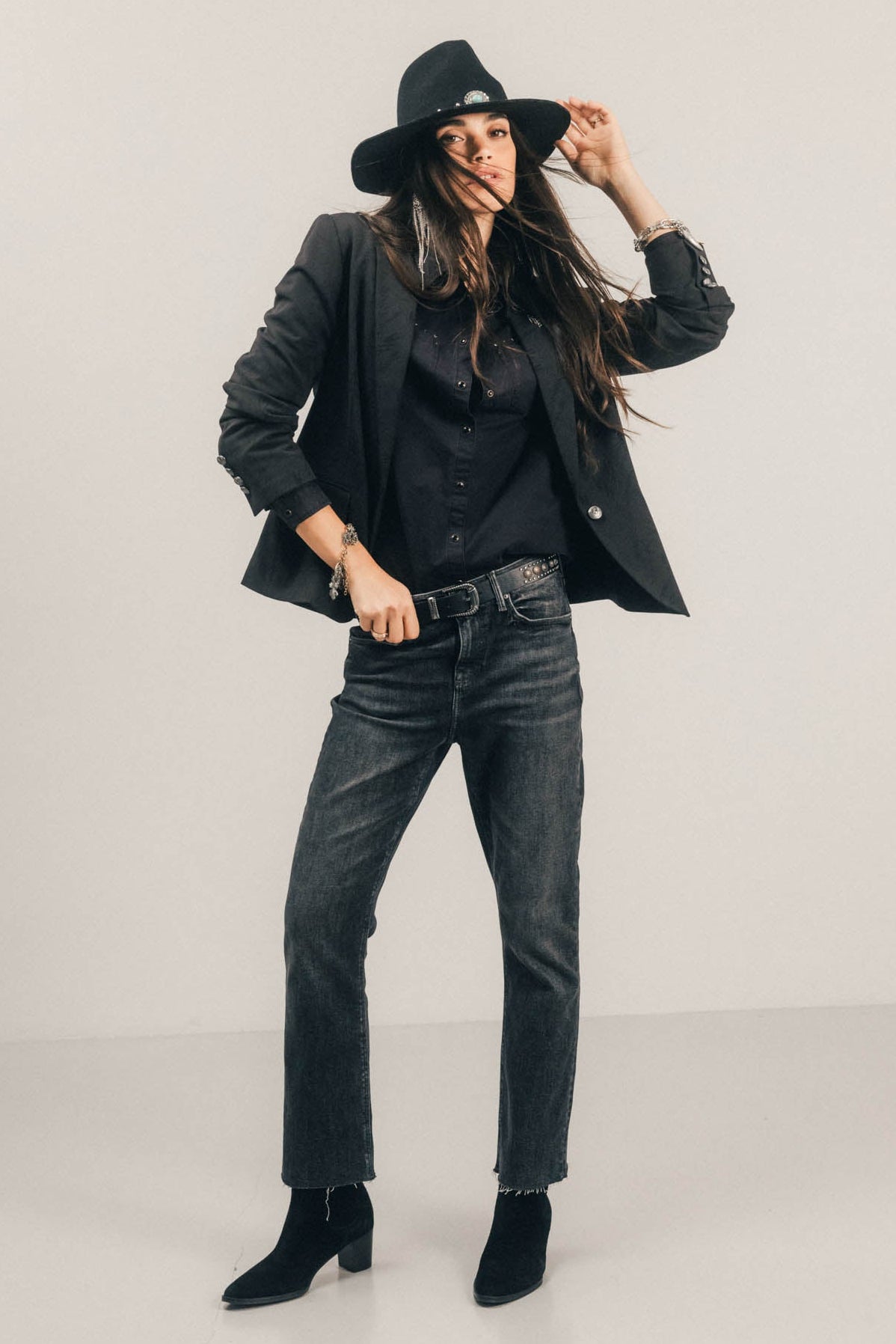 Jean cropped noir délavé taille mi-haute - 1