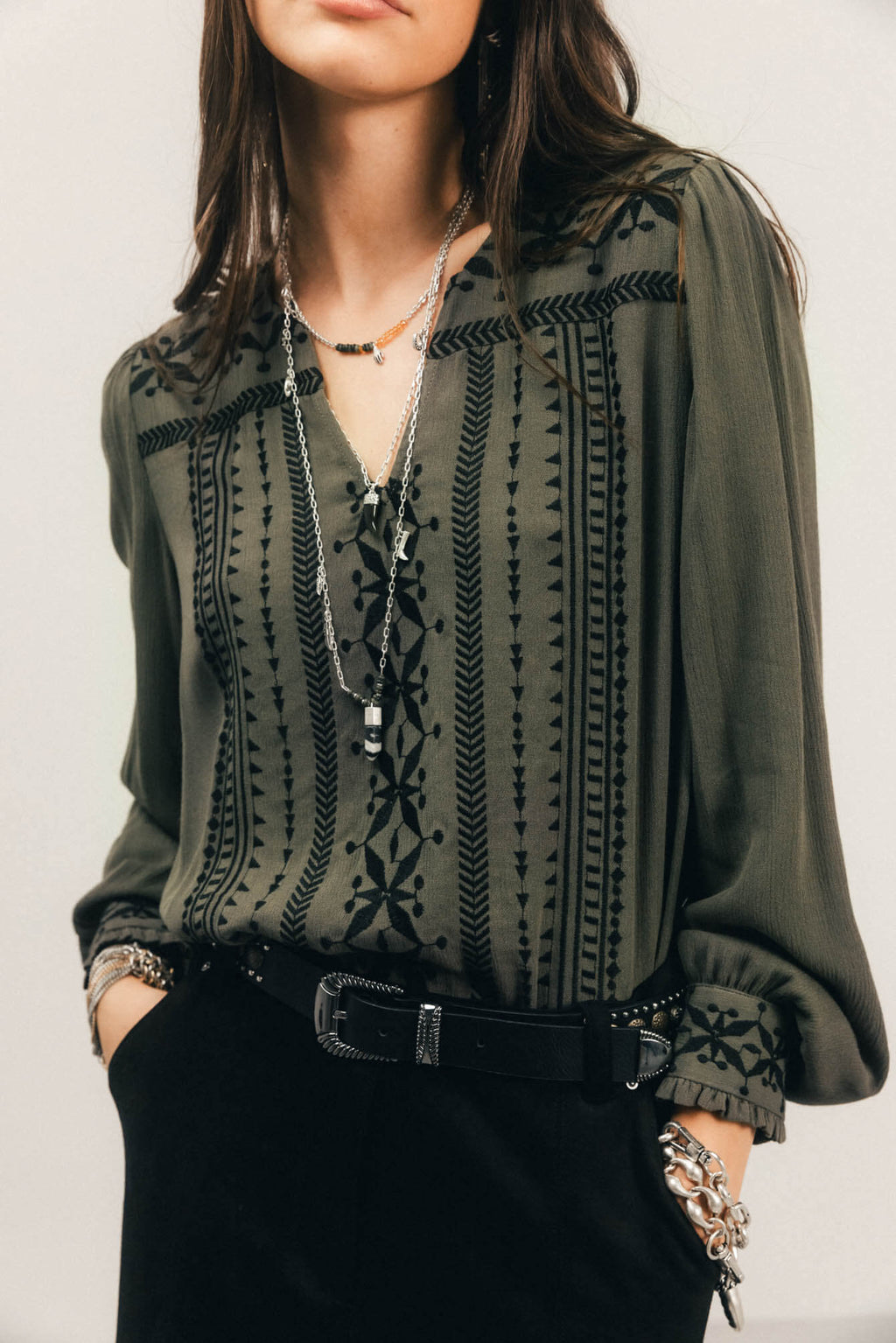 Blouse kaki bohème brodée - 2