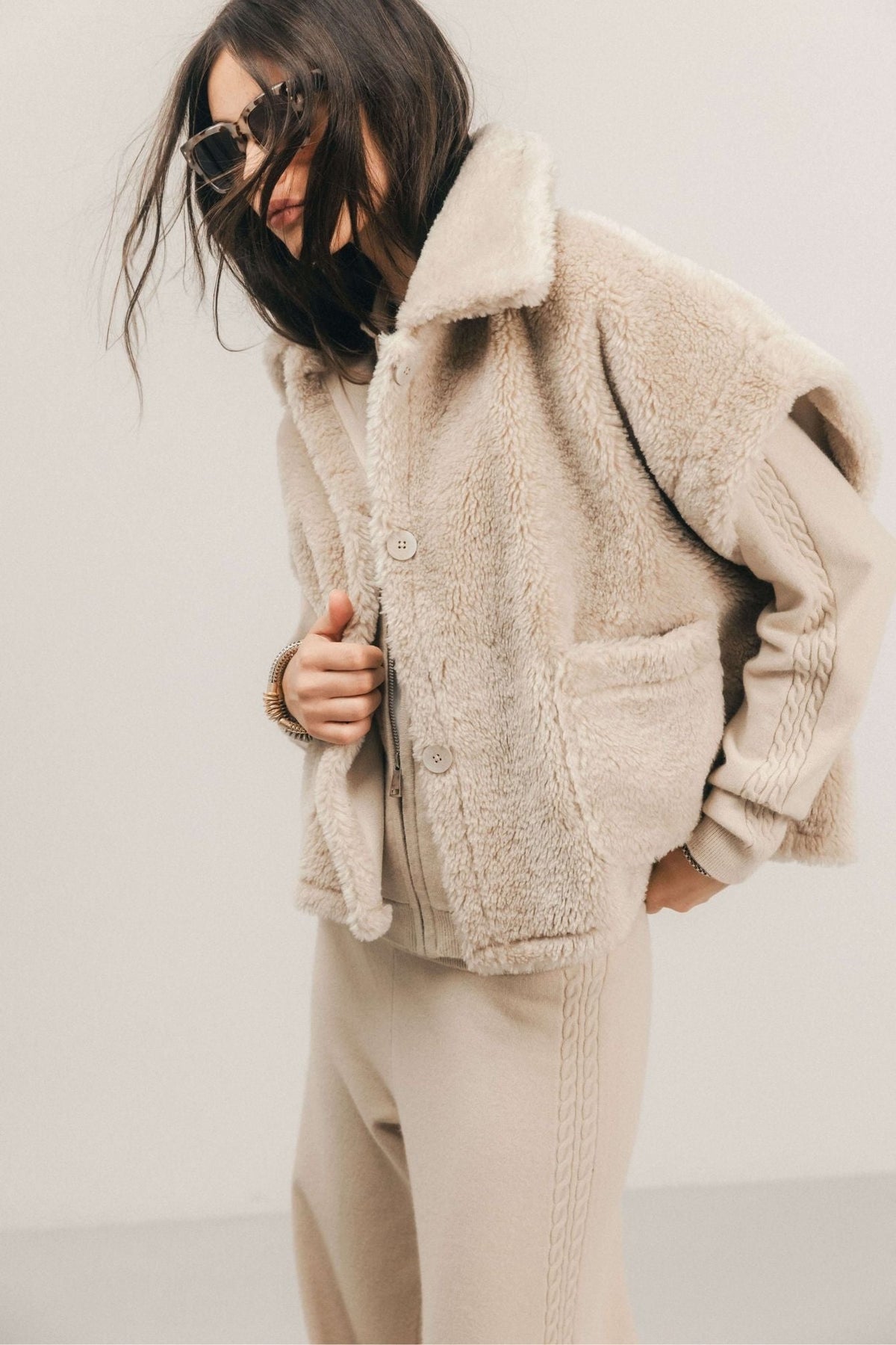 Poncho beige effet peau lainée oversized - 1