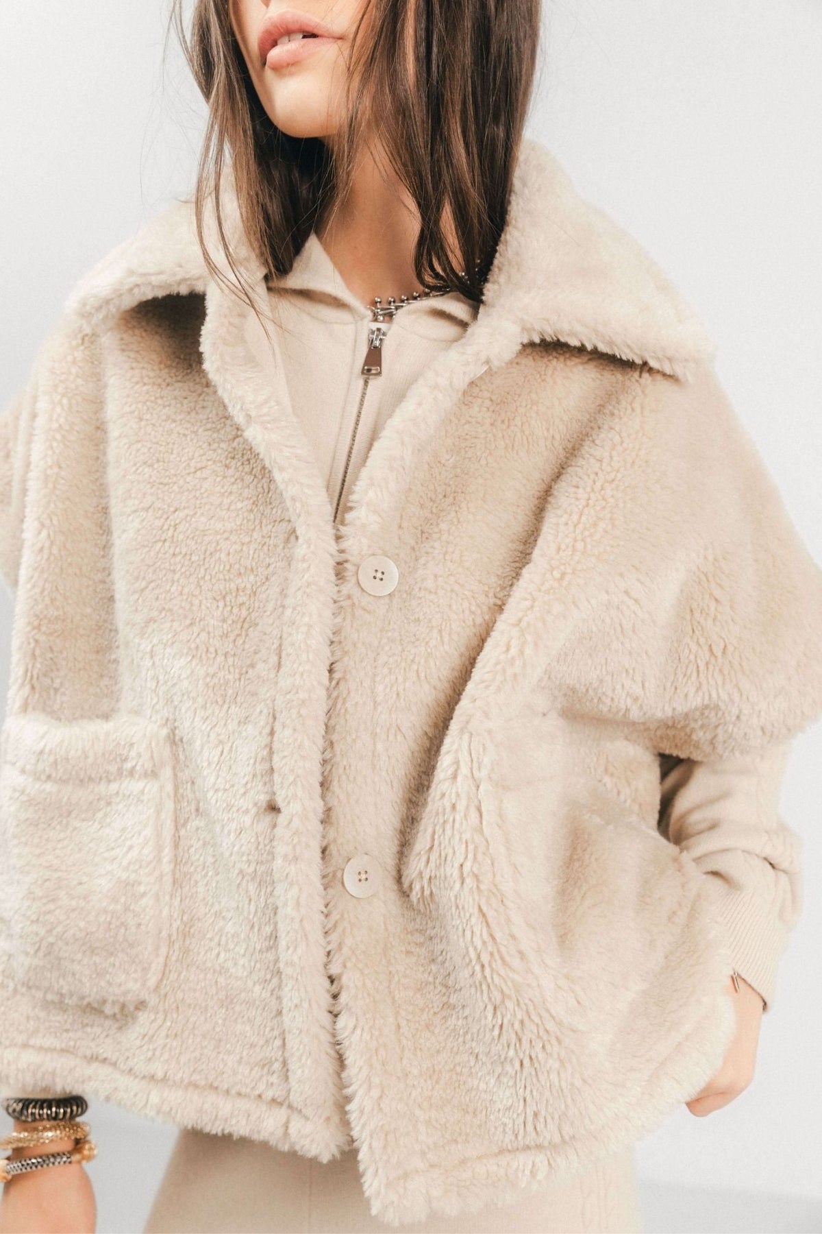 Poncho beige effet peau lainée oversized - 2