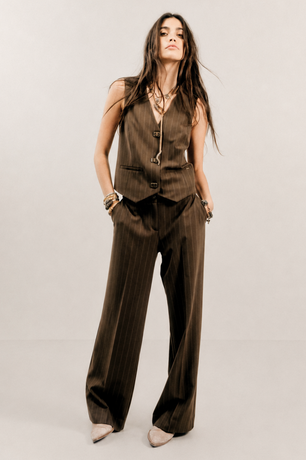Pantalon tailleur rayé bronze - 1
