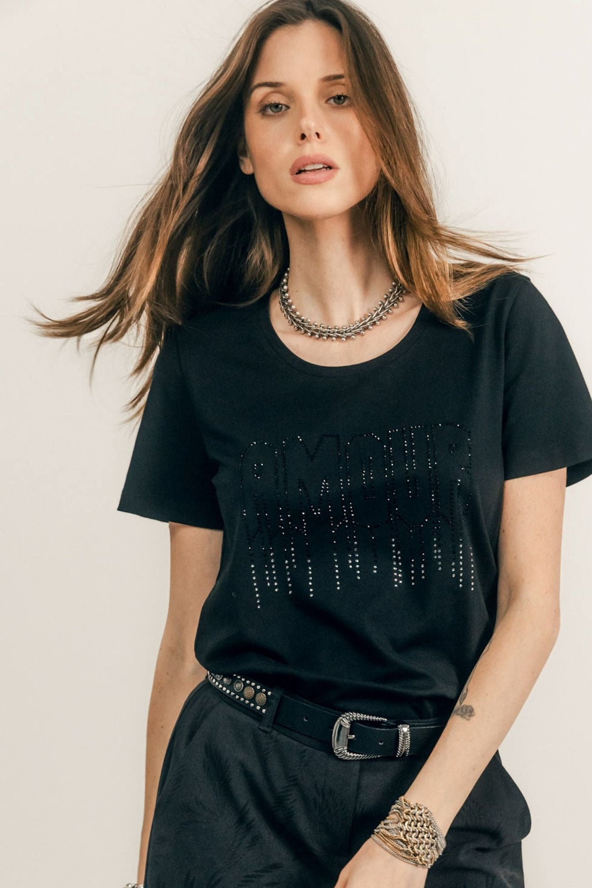 Tee-shirt noir message strassé rock - 1