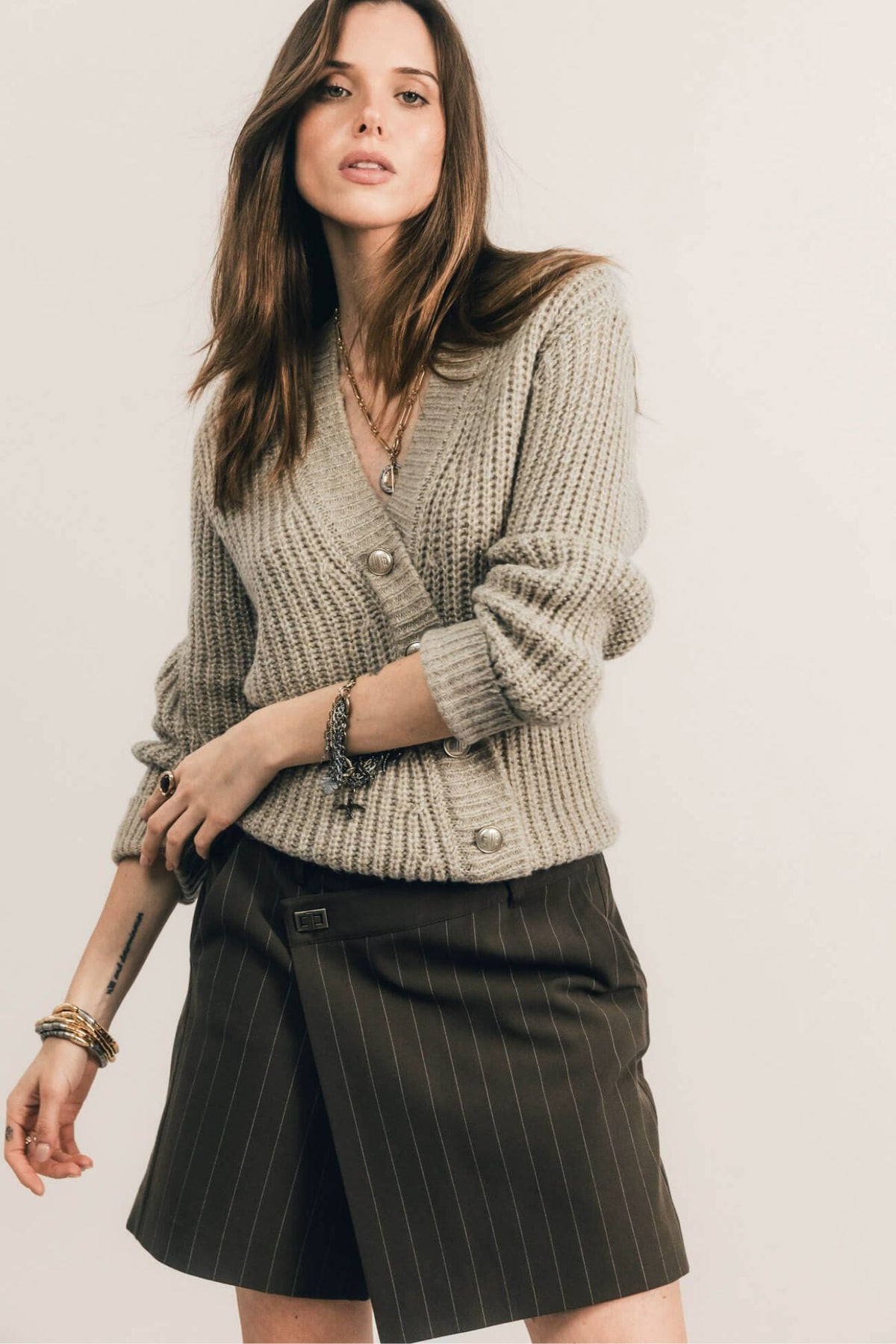 Pull beige cardigan côtelé lurex - 1