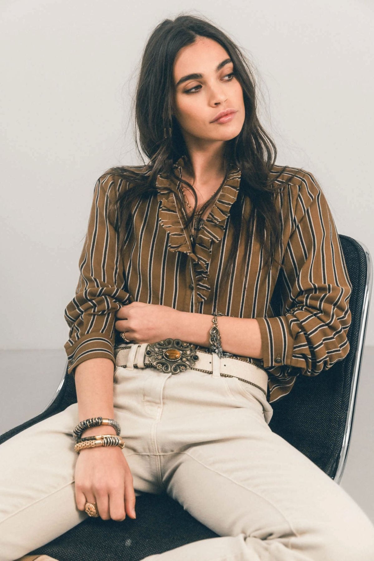 Blouse rayée caramel volantée - 1