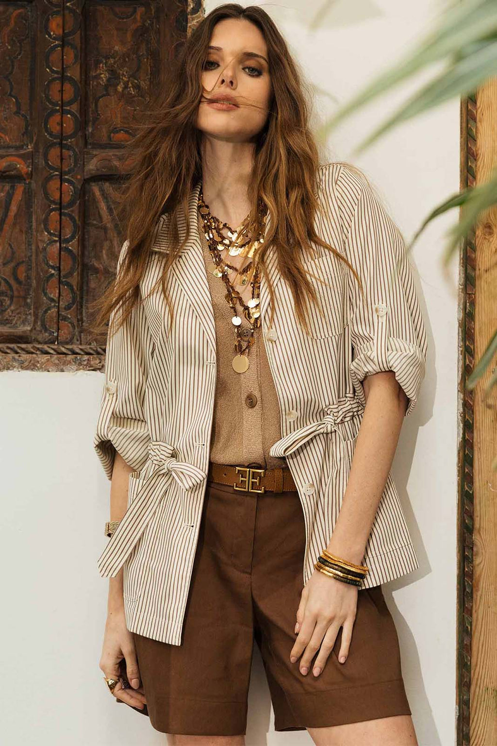 Veste saharienne rayée écru choco - 1