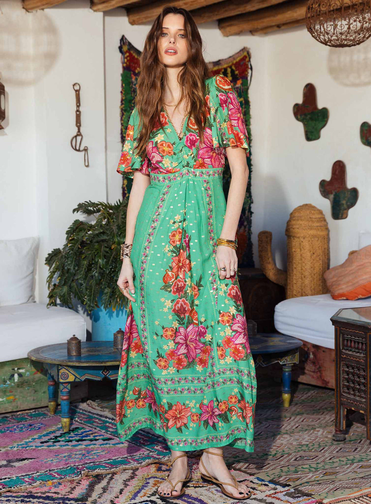 Robe longue imprimée vert rose doré - 1
