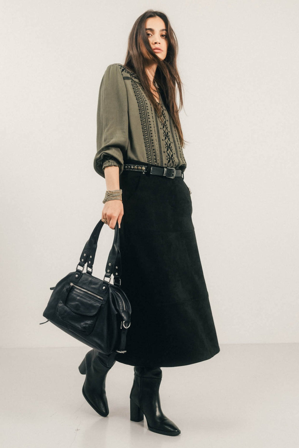 Jupe midi noire suédée western - 1