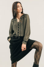 Blouse kaki bohème brodée - 1