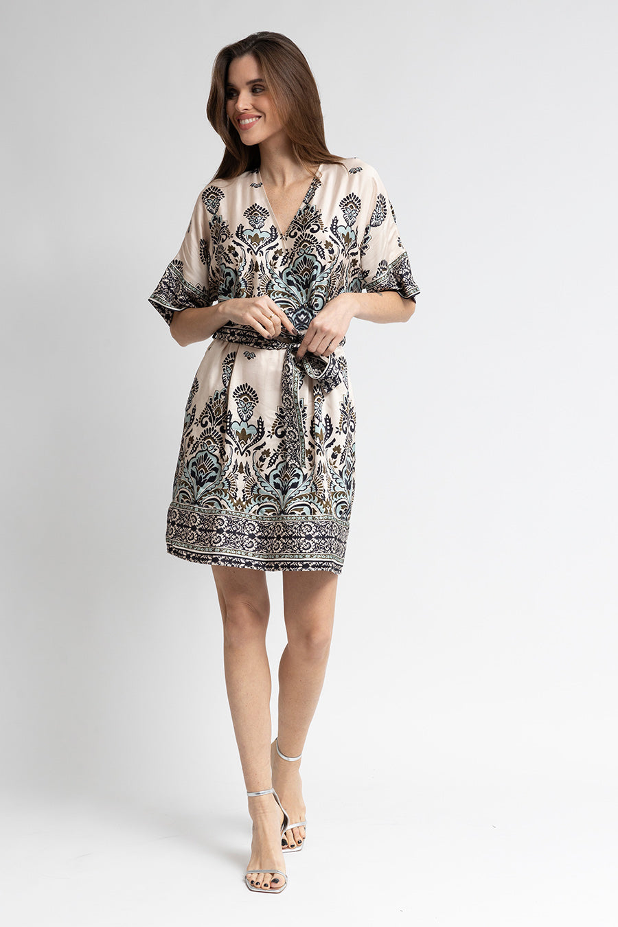 Robe kimono imprimé écru kaki et bleu - 1