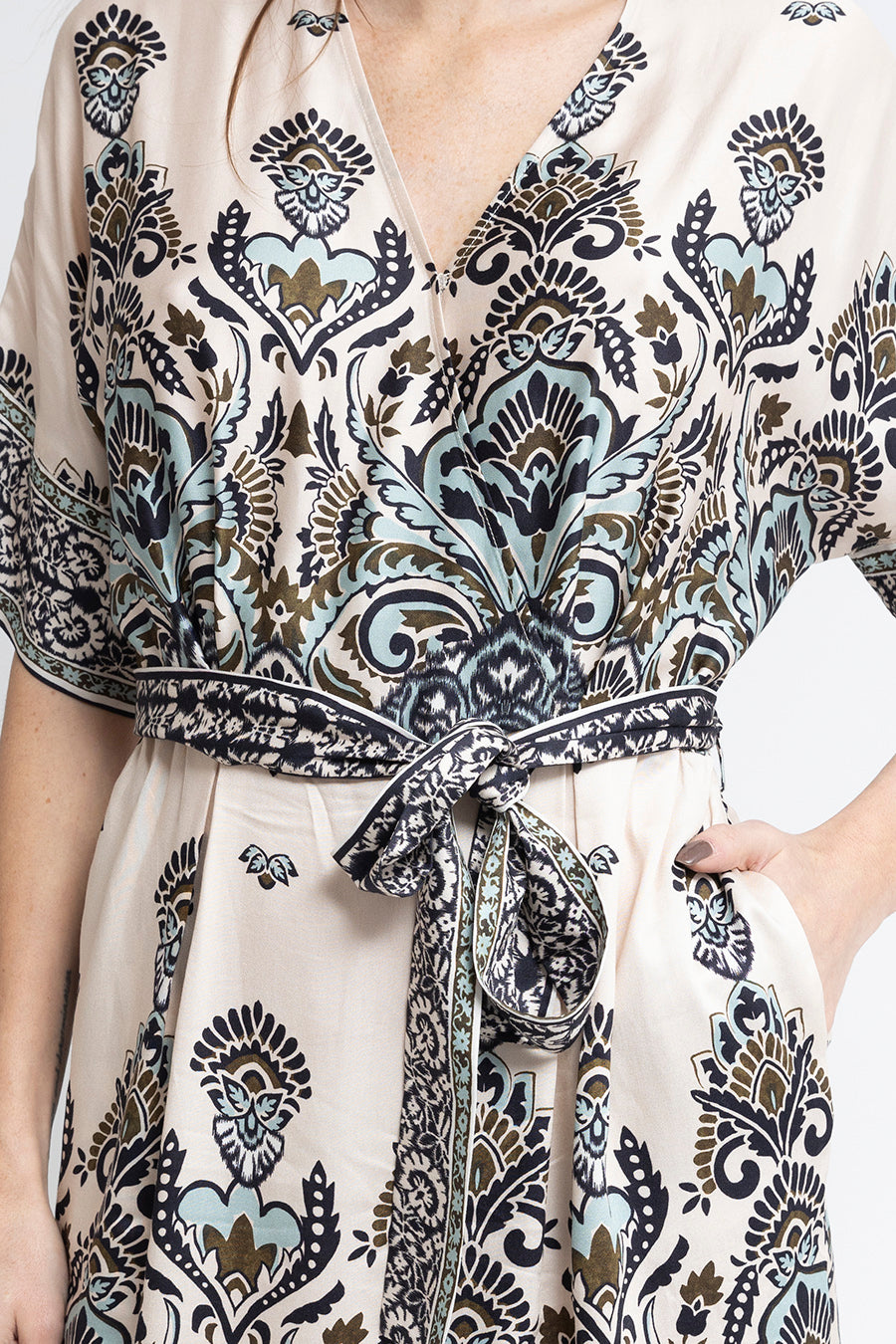 Robe kimono imprimé écru kaki et bleu - 2
