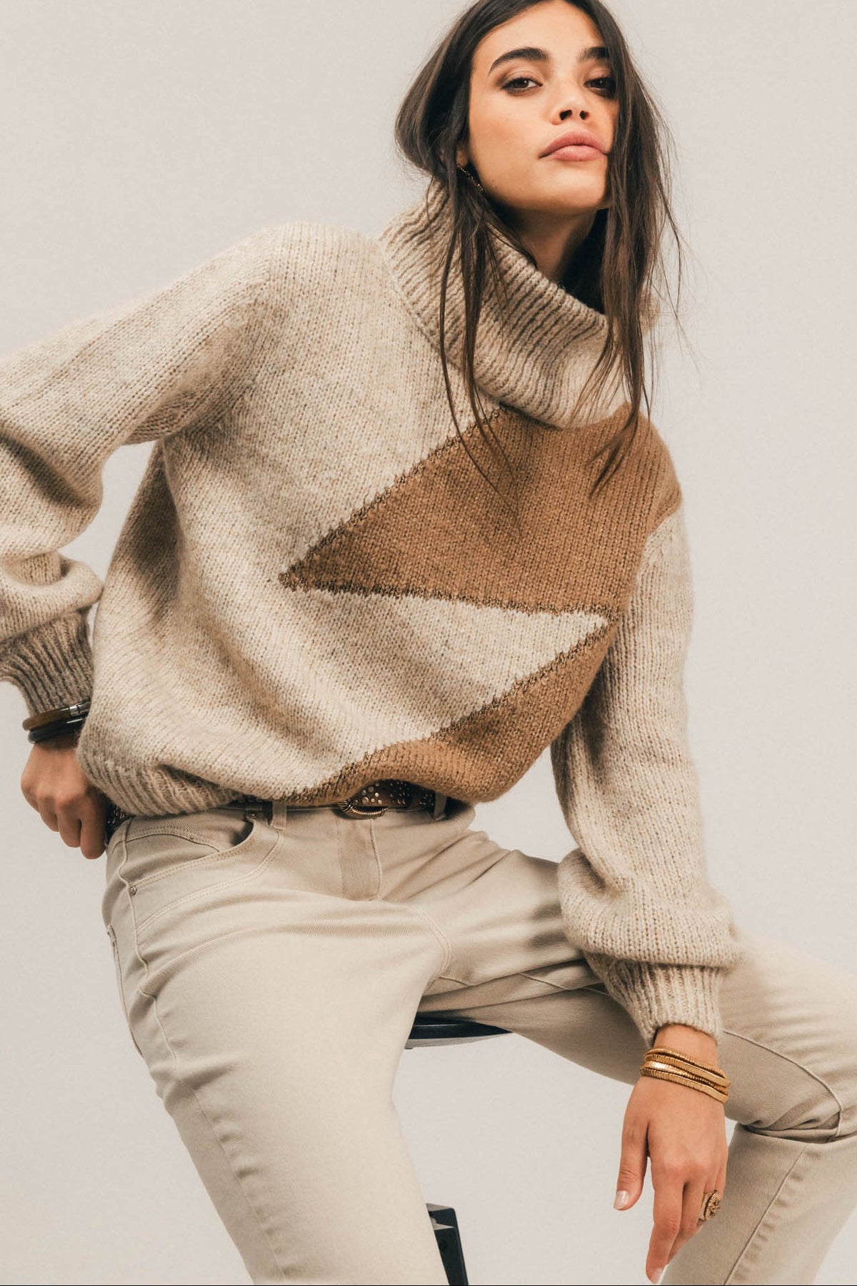 Pull ample bicolore beige camel - 1