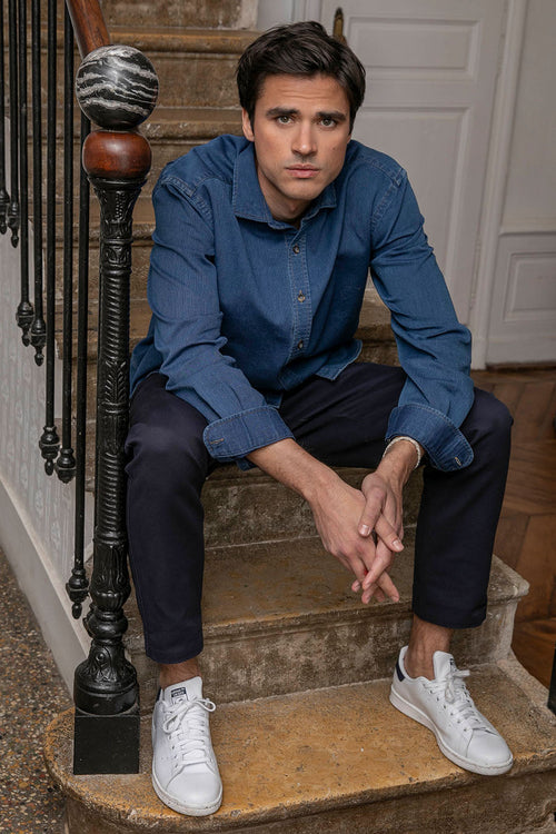 Chemise en coton côtelé indigo - 1