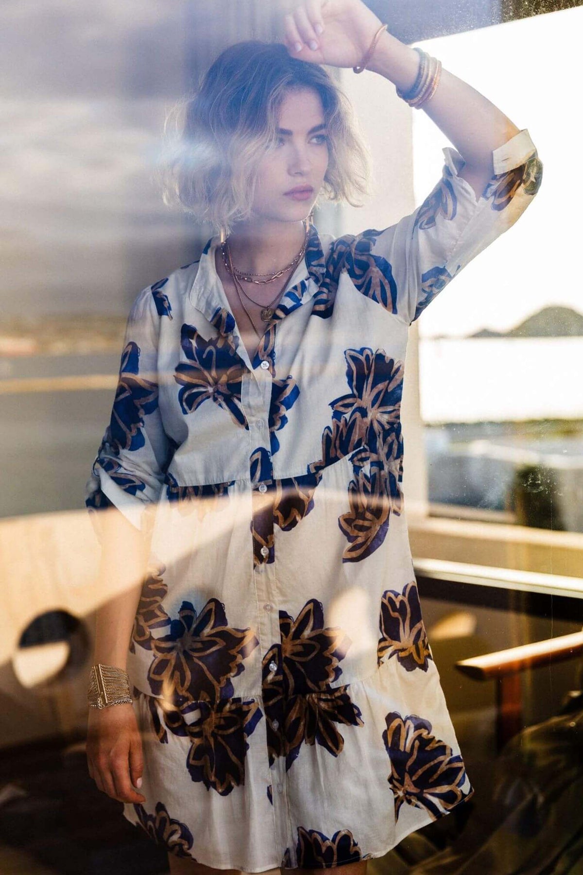 Robe chemise fleurie écru bleu - 1