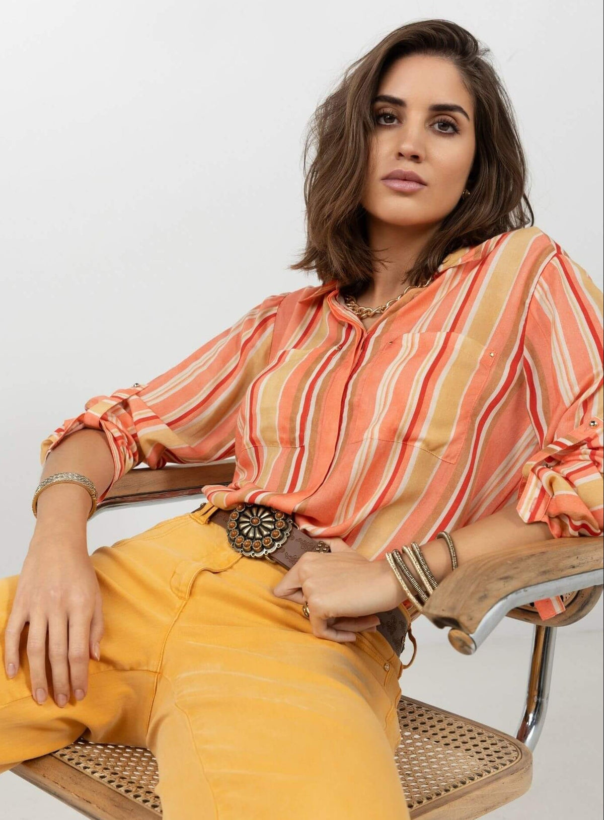 Chemise rayée rose jaune colorée - 1