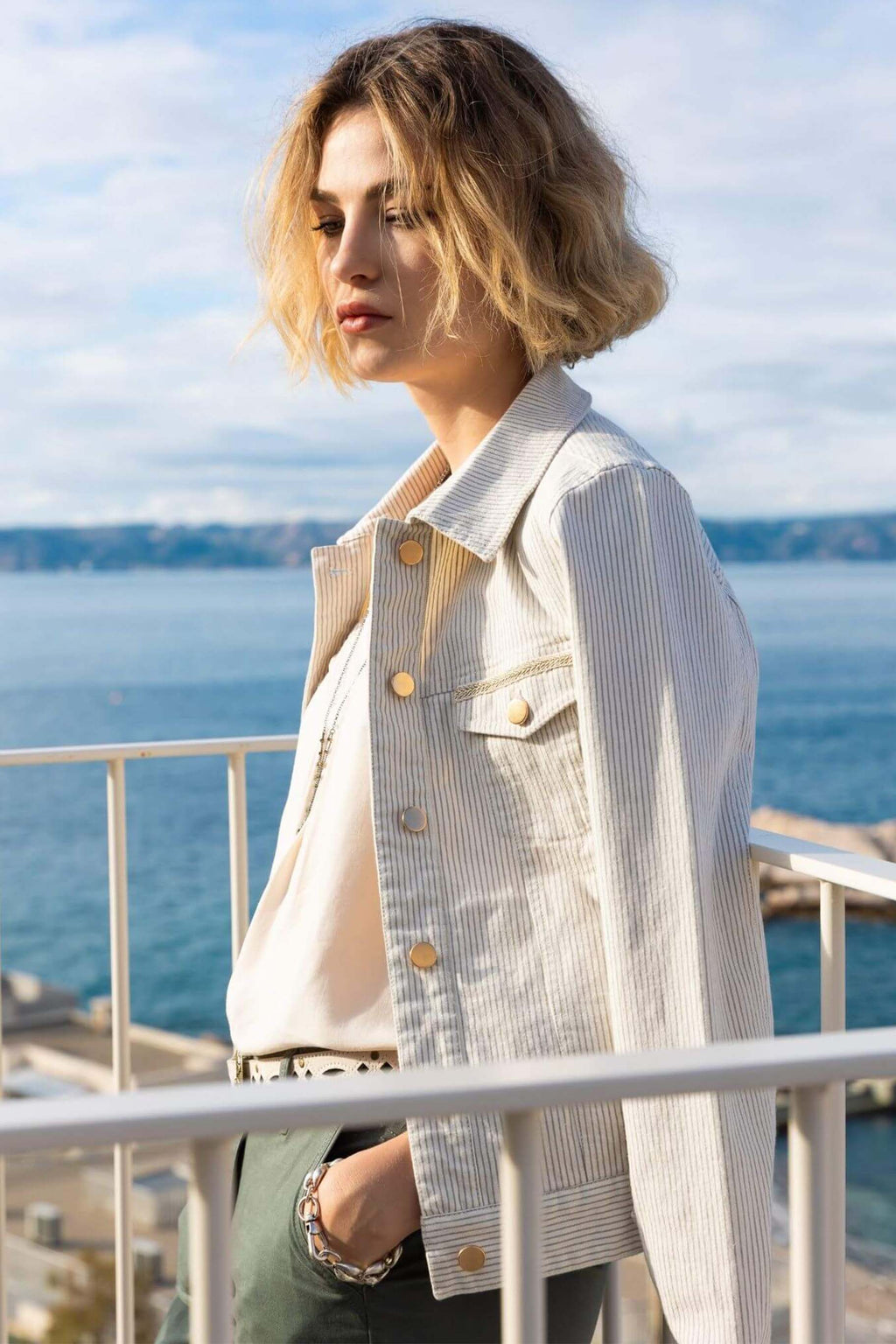 Veste en jean écru rayé kaki - 1
